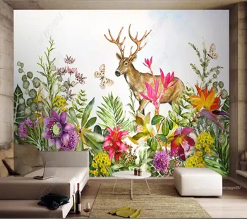 Papel de parede Nordic цветя и лосове ръчно рисувани и 3D тапети, спалня кабелна телевизия бар стенописи декора на стените
