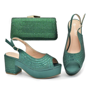 Африкански Лидер в продажбите 2023 Зеленият Цвят е на Мода Crystal Стил Елегантни Вечерни Сватбени Дамски Обувки и Чанта Комплект